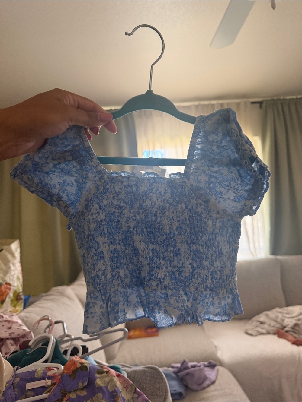 Blue Floral Smocked Square-Neck Women's Top